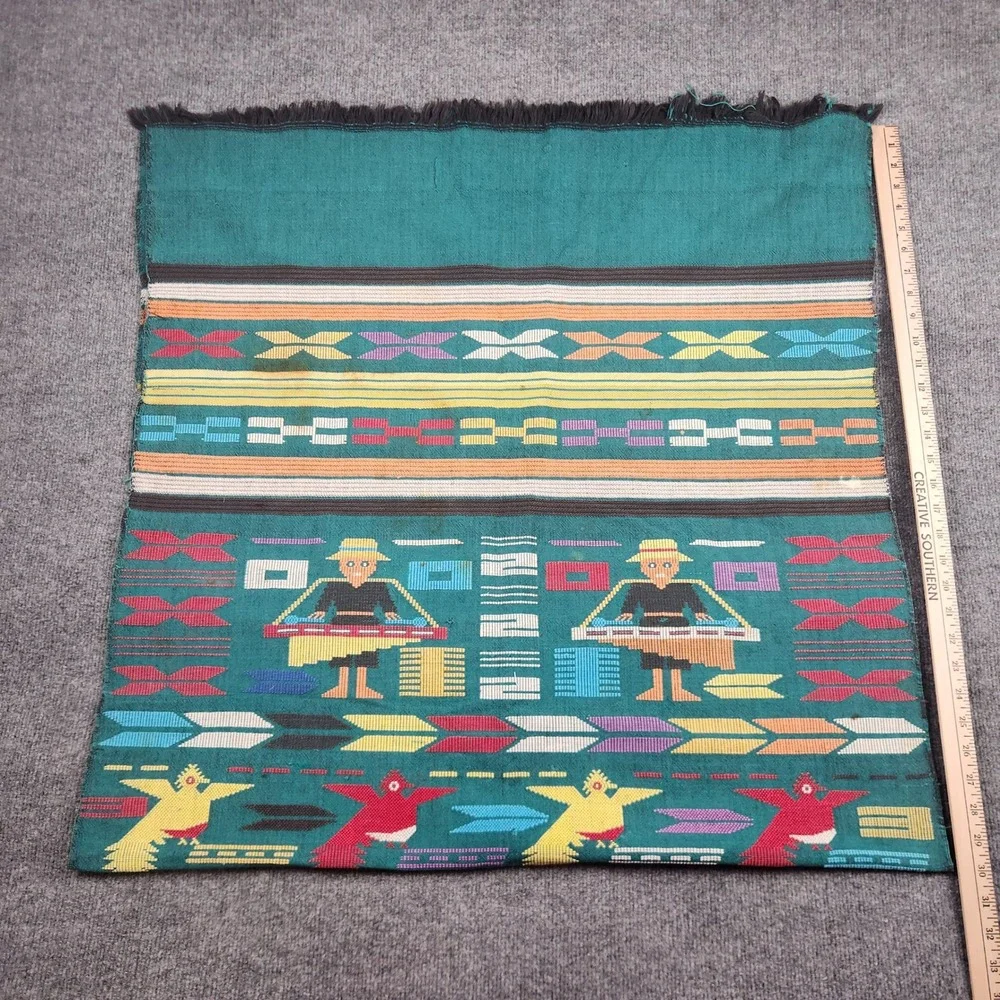 Vintage Handwoven Guatemalan Tapestry Teal Mayan Folk Art Bird Textile 60x30